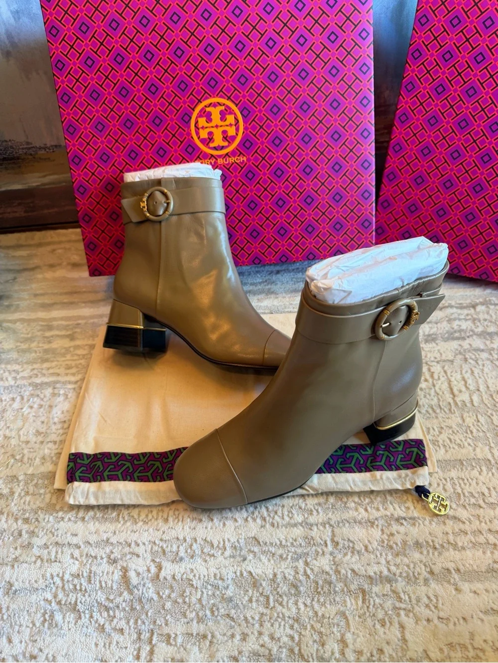 Tory Burch Multi Logo Heel Ankle Boots with Buckle Detail
